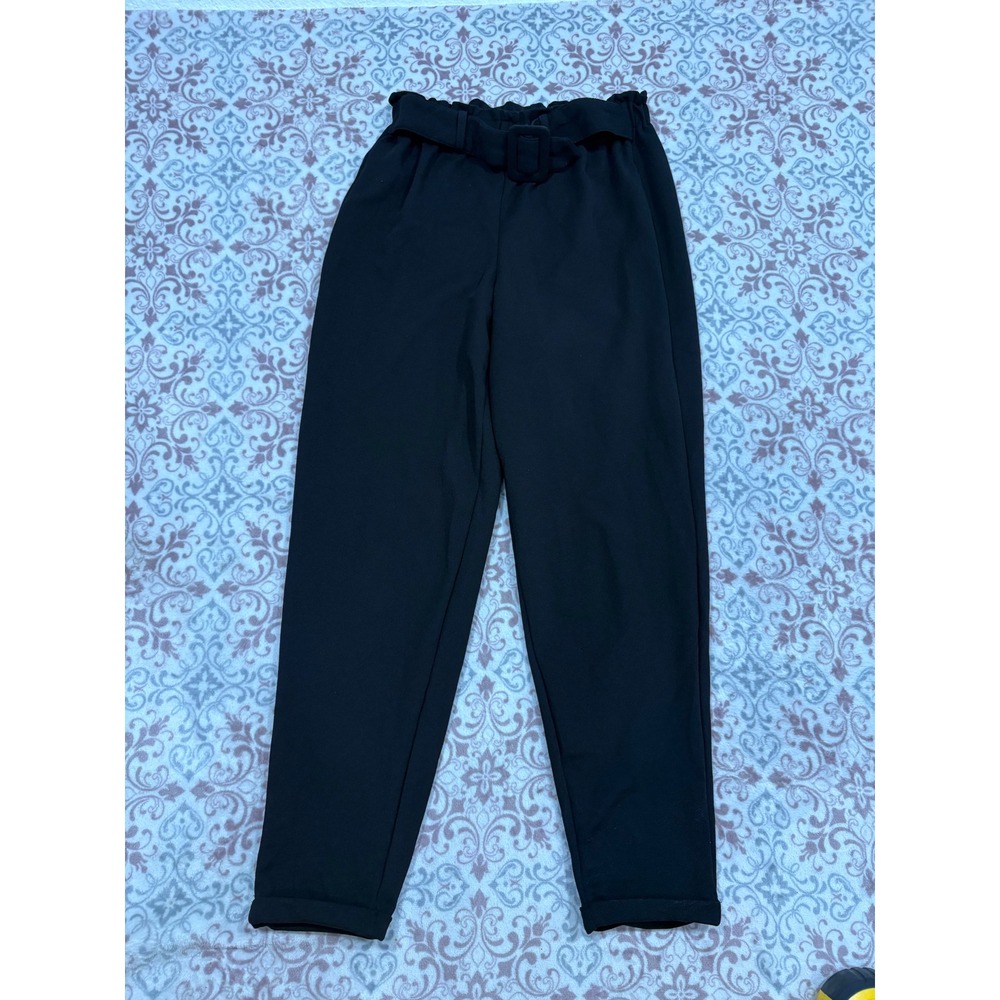 No Comment NY-LA Black Paperbag Waist Tapered Trousers with Belted High Rise